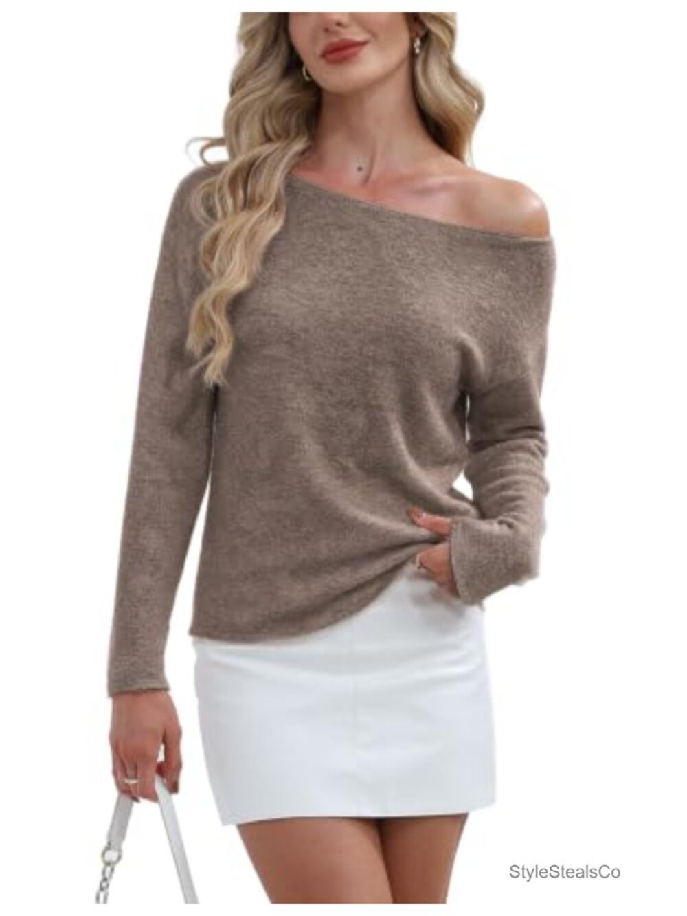Womens Off Shoulder Boat Neck Sweater Soft Cozy Knit Fitted Long Sleeve Pullover